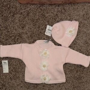 Pink Baby Cardigan and Hat Set with Floral Accents